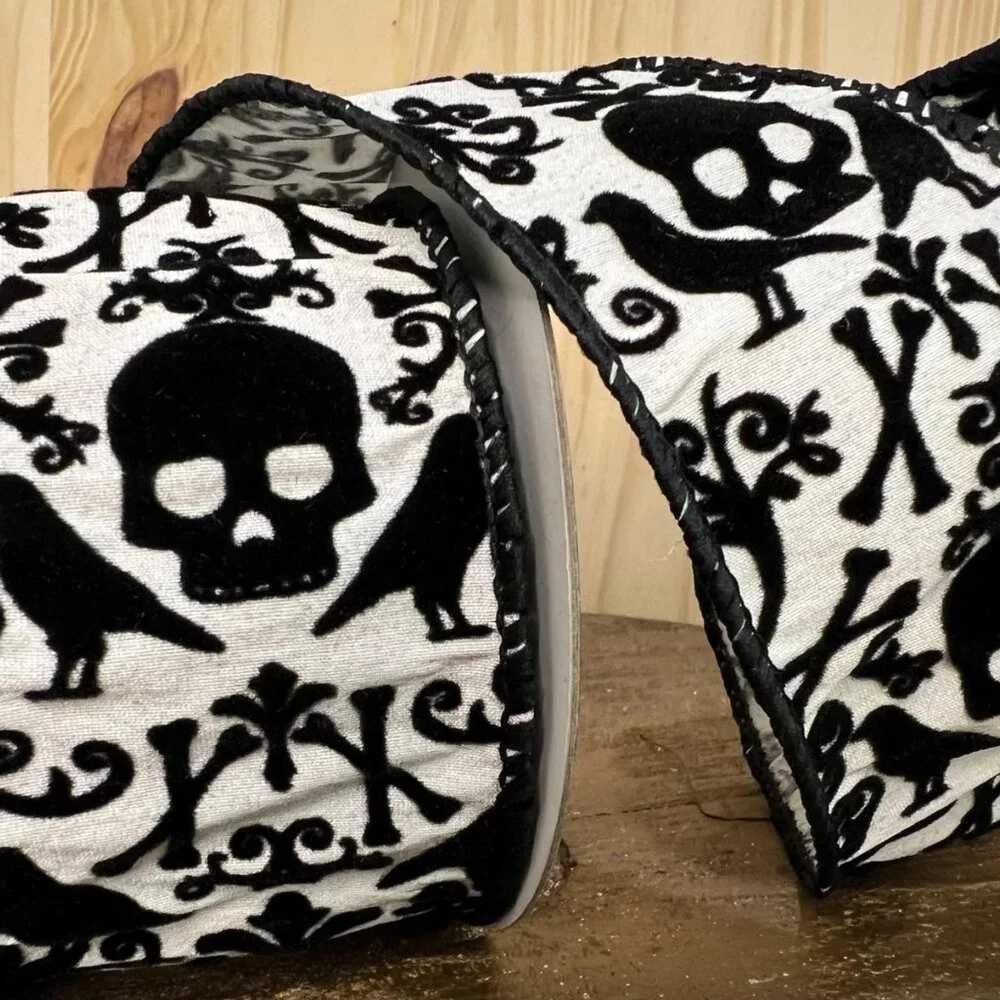Halloween Black & White Skull, Crow & Cross Bones Flocked Dupioni Ribbon Crafts